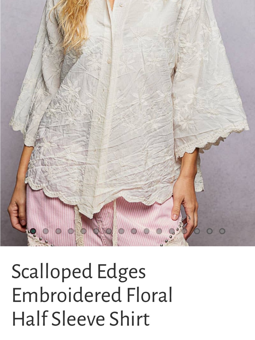 Scalloped Edge Embroidered Floral Half-Sleeve Shirt - Cream
